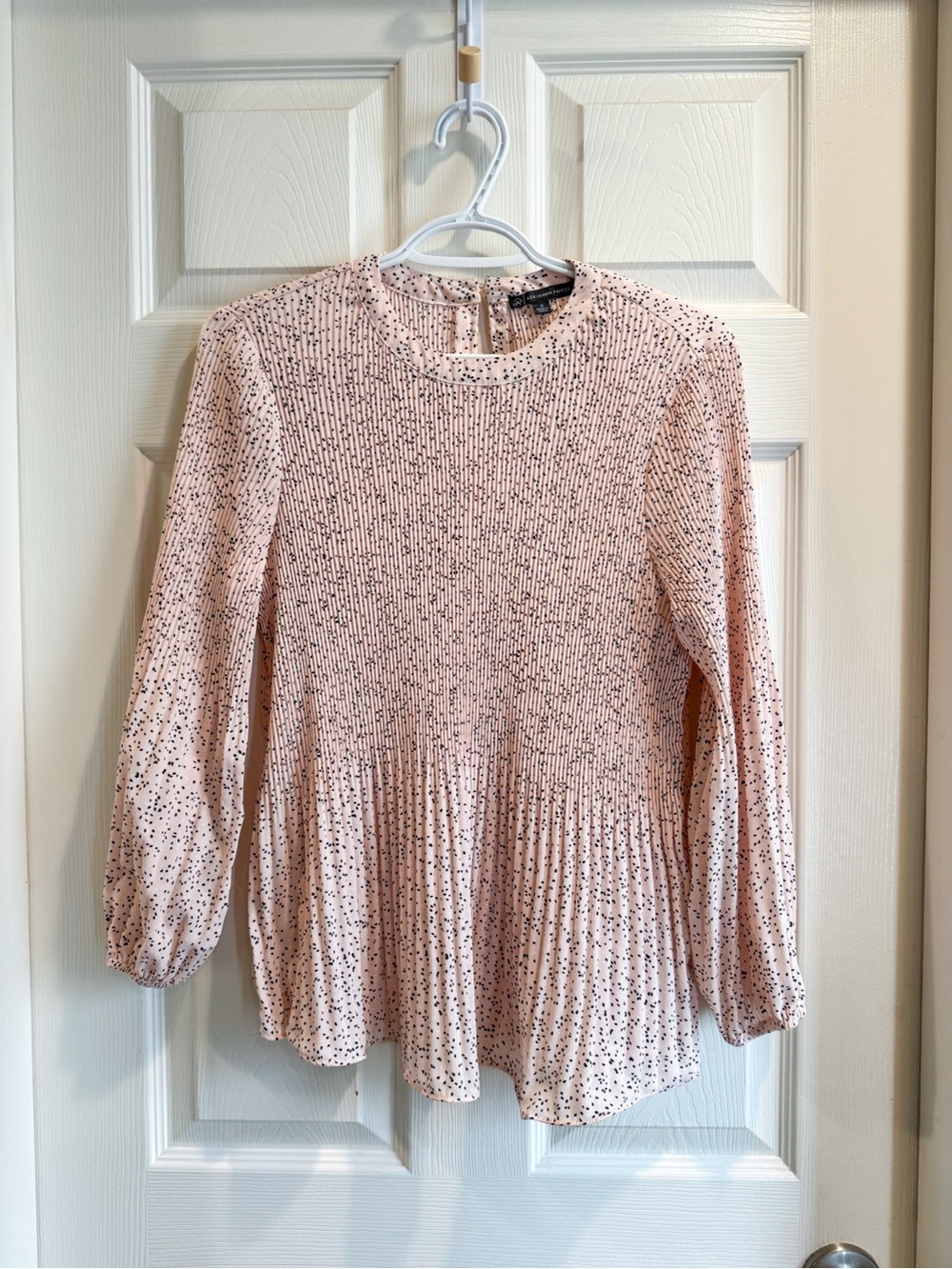 Adrianna Papell Women's Pleated Blouse 
Blush Pink Black Dot Long Sleeve Shirt S